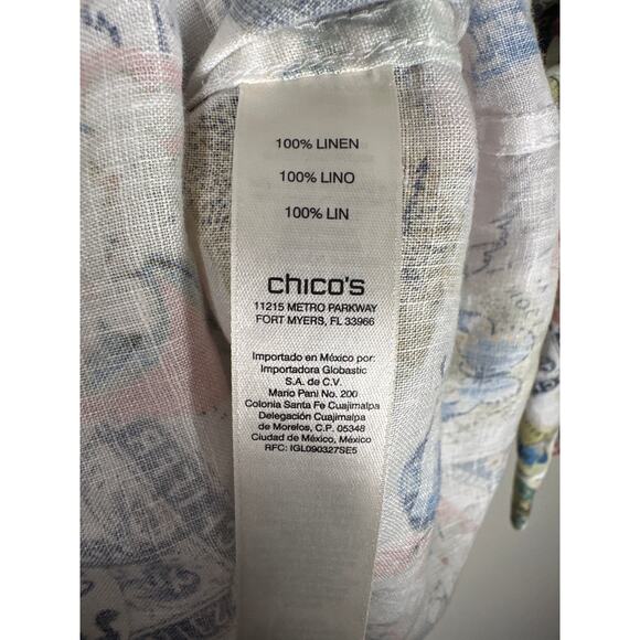 Chicos Women's Linen Postage Stamp 3/4 Sleeve Button-up Top Sz L (2) Travel - Picture 9 of 10